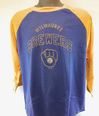 Mens Majestic MLB Milwaukee Brewers Cooperstown Collection Baseball 3/4 T-Shirt • $19.99