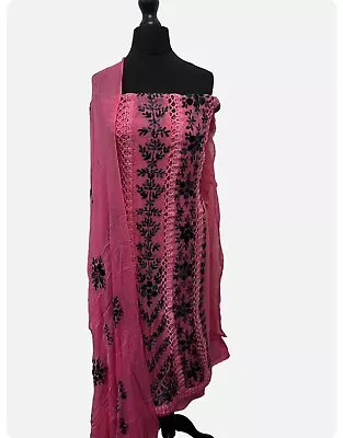 Unstitched Chiffon 4pc Dress Pakistani Ladies Embroidered Pink Salwar Kameez • £25