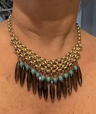 Chunky Marie Chavez Smoke Glass Turquoise Statement  Chain Bib Necklace • $17.40