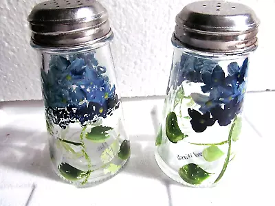 Vintage UNUSED Clear Glass Salt & Pepper Shakers Hand Painted Blue Flowers NEW • $8.99
