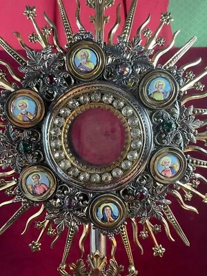 Antique Rare Large Silver Gilt Brass Church Monstrance Colored Stones 19th C • $3850