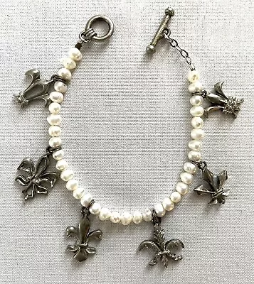 Lovely MAURICE MILLEUR Real Pearl Bracelet W/Signed Pewter Fleur-de-Lis Charms • $35