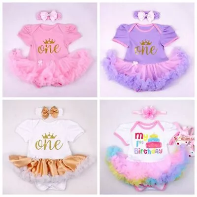 Baby Girl First Birthday Party 2 Pcs Set Tutu Romper Dress Headband Clothes 1-2Y • $22.95