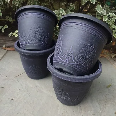 4 X Round Garden Decorative Planter Pot Plastic Plant Pots Black Purple 17cm • £9.29