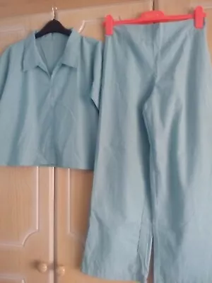 Ladies Linen Light Teal Top And Wide Pants Suits Co-ords Set Size10-12 • £19.95