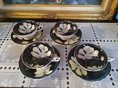 Vintage Ucagco China Tea Cup And Saucers Set Of (4) Made In Japan Black /Floral • $19.99