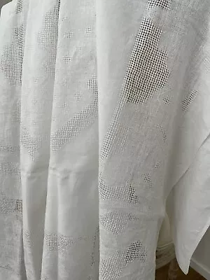 Vintage White Linen Tablecloth Topper Pull Thread Embroidered Lace Square 122 Cm • $39.95