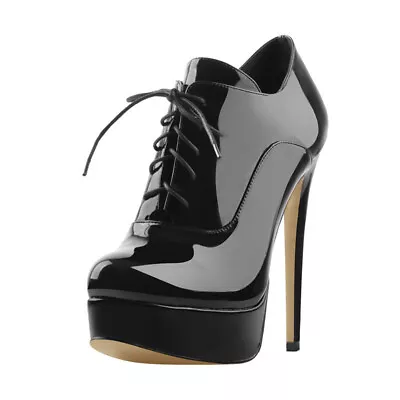Ladies Round Toe Lace-Up Patent Leather Platform Ankle Boots Stiletto Heels • $84.59