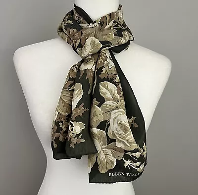 ELLEN TRACY Brown Beige Floral Design Silk Scarf Vintage Rectangle 56”x11” • $14.50