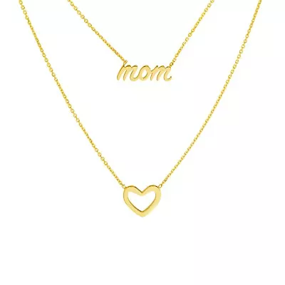 Mom Necklace Solid 14K Real Gold Open Heart Pendant Layered Cable Chain Women • $304.80