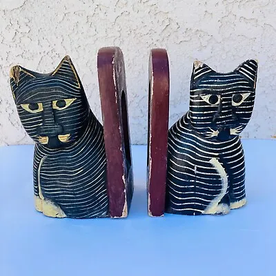 Pair Of Carved Wooden Cat Bookends Laurel Burch 1970s CE0851 • $50