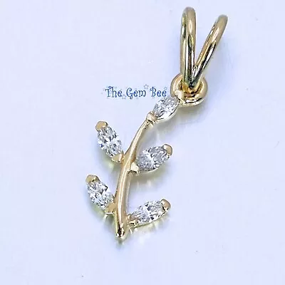 14k Solid Yellow Gold Marquise Diamond Minimalist Olive Leaf Branch Pendant Char • $195