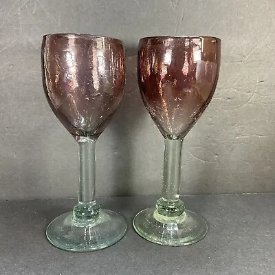 Set 2 Purple Fade To Green Mexican Blown Glass Stemmed 7.75” Wine Glasses • $14.89