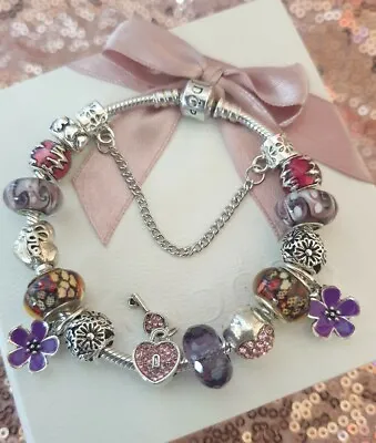 $19.82 • Buy Genuine Pandora Bracelet+ Purple & Silver Charms 20 Cm + Pandora Box