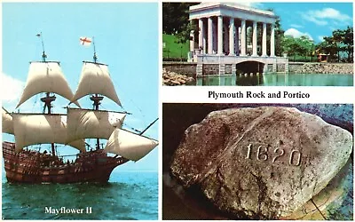 Postcard MA Plymouth Rock Portico Mayflower II Chrome Unposted Vintage PC H6347 • $2