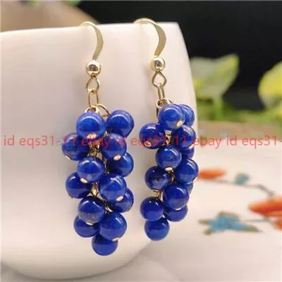 4mm Natural Blue Lapis Lazuli Round Beaded Cluster Grape Dangle Hook Earrings • $4.59