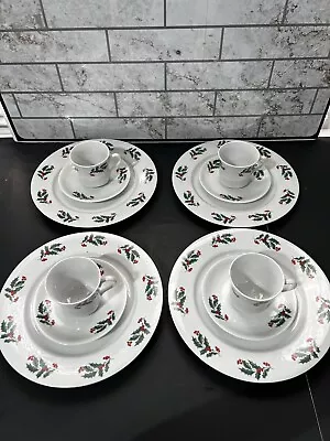 Vintage Holly And Berry Pattern Holiday China Set Of 4 (12 Pieces) • $60