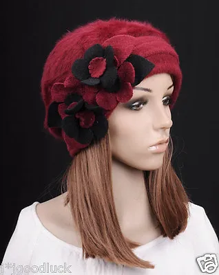 JM72 Rabbit Fur & Wool Women's Winter Hat Beanie Cap Cute Flowers Wine-red • $16.27