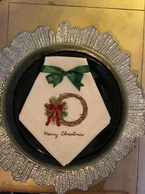 £7.50 • Buy Handmade Ivory Christmas Embroidered Linen Napkins