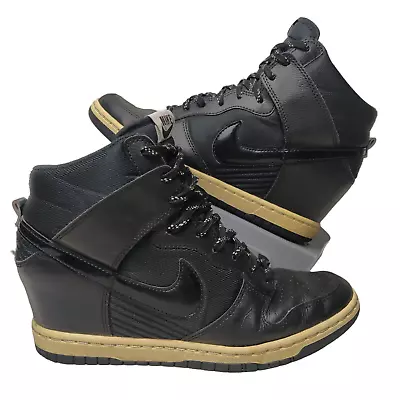 Nike Dunk Sky Hi Shoe Women US 8.5 Black Leather Hidden Wedge Sneaker 644877-008 • $108.95