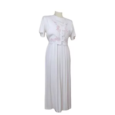 Vintage 80s Na Na Fashions White Short Sleeve Pink Embroidery Midi Tea Dress S/M • $28.95