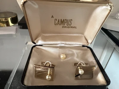 £38.05 • Buy Shirt Cufflinks Steel Women's Finish Golden With Pearls And Case Vintage