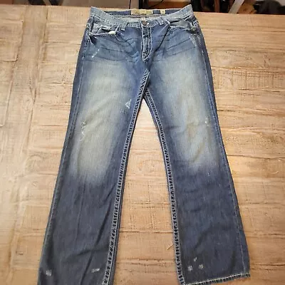 BKE Carter Jeans Mens 35x32 Regular Straight Thick Stitch Western Distressed • $34.95