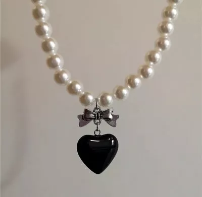 Glass Heart Bow Pendant Pearl Beaded Chain Choker Necklace Goth Aesthetic Black • $18