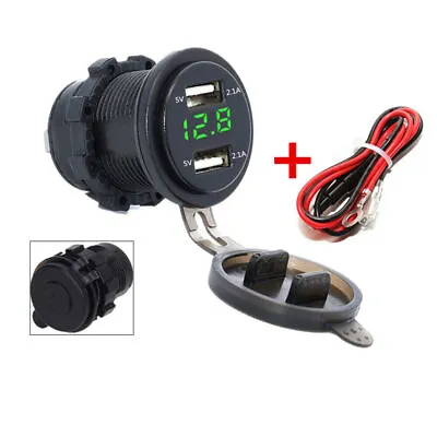 ATV Motorcycle Dual USB Charger Green LED Digital Voltmeter Power Outlet Adapter • $12.41