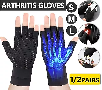 Copper Compression Arthritis Gloves Brace Fingerless Glove Joint Pain Support • $13.99