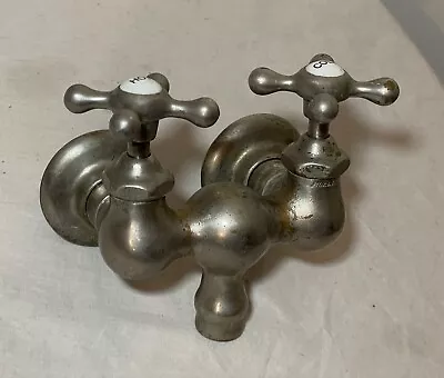 Antique Nickel Plated Brass Mueller Porcelain Industrial Wall Faucet Fixture • $219.99