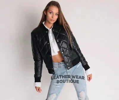 Womens Black Leather Jacket Genuine Napa Leather Quilted Bomber Varsity Jacket • $142