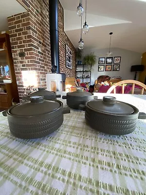 Mid Century Vintage Denby Chevron - 4 X Individual Lidded Soup Bowls - 3 Bands • £18.50