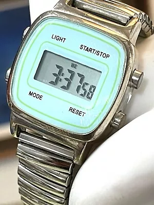 Retro Digital Multi Function Light Blue Green Silver Tone Stretch Band Watch • $22.49