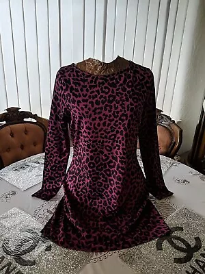 Size 16 Cerise Pink Leopard Print Scoop Neck Low Cut Out Back Long Sleeve Above • £8