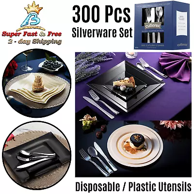 $43.08 • Buy 300 Pcs Flatware Disposable Silver Plastic Silverware Cutlery Party Utensils Set