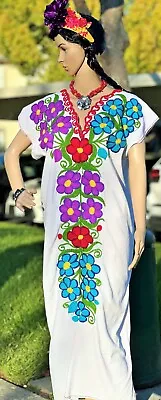 Mexican Blossom: White Dress Handcrafted Cotton Tunic Vibrant Floral Embroidery • $84.95