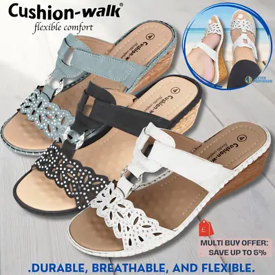 Cushion Walk Ladies Mid Wedge Sandals Tbar Slip On Mule Summer Sandal • £24.99