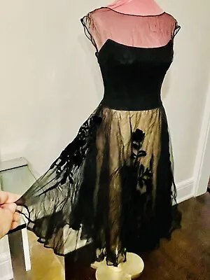 Vintage Mignon Silk Chiffon Velvet Appliqué New Look Black Party Cocktail Dress • $135