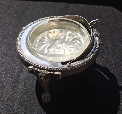 £36.79 • Buy Vtg Leonard Silver Plate Butter Dish Caviar Roll Top Glass Insert Tri Foot Lion