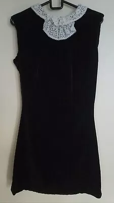Vintage 80s Black Velvet Mini Dress Sleeveless White Cotton Lace Collar Size XS • £26