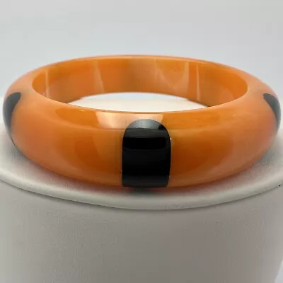 Vintage Marbled Orange & Black Bakelite Polka Dot Bangle Bracelet • $24.50