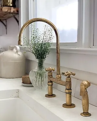 Unlacquered Brass Kitchen Faucet Solid Brass 8  Bridge Faucet With Cross Handle • $389