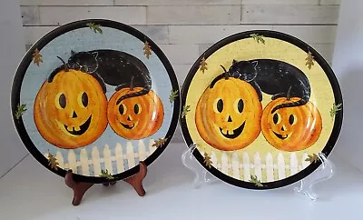 WARREN KIMBLE Folk Art 2001 Pumpkin Dreams 2 Salad Plates Cat &Jack-O-Lantern • $8.99