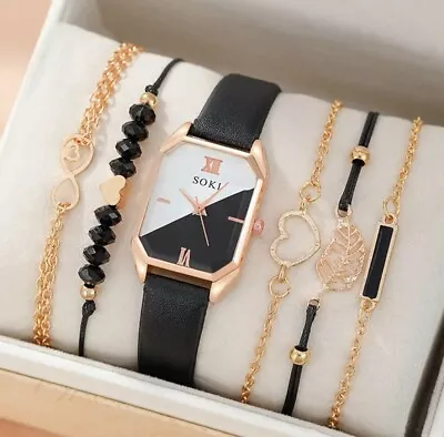 6pcs Square Quartz Watch Dainty Bracelets Set For Women’s Ladies Black Watch • £11.69