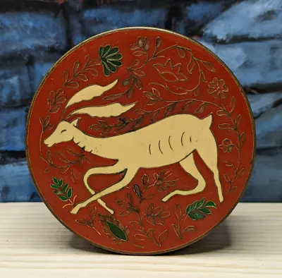 Trinket Box Brass Cloisonne Round Deer Gazelle Jewelry Red Enamel Vtg Boho Lodge • $22.50