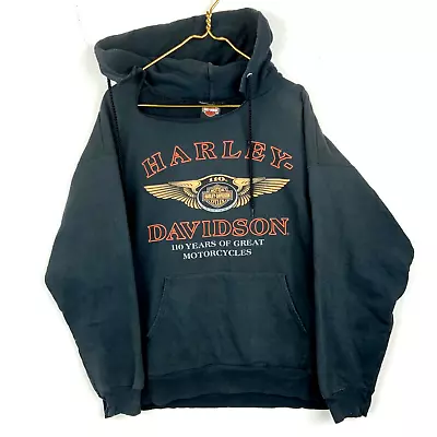 Harley-Davidson Sweatshirt Hoodie Large Black Distressed Double Sided • $38.24