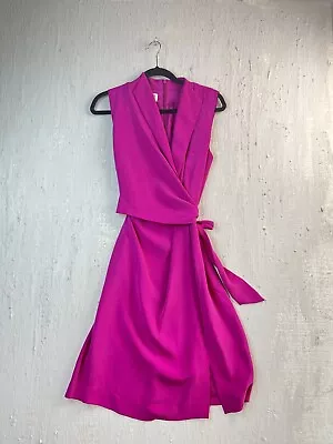 VINTAGE Jones New York 100% Silk Fuchsia Pink Kimono Wrap Midi Dress Size 12 • $44.95