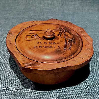 Vintage “Aloha Hawaii” Carved Monkey Pod Bowl + Lid C. 1960 - Tiki Palm Sailboat • $32