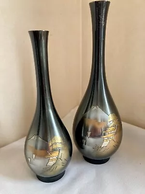 £25 • Buy Vintage Japanese Chokin Black/ Bronze Etched Bud Vases Mount Fuji